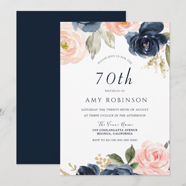 Elegant Blush & Navy Floral 70th Birthday Party Invitation (Front/Back)