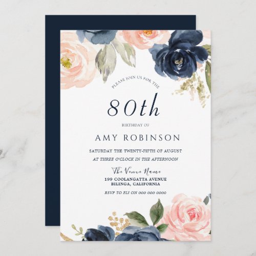 Elegant Blush  Navy Floral 80th Birthday Party Invitation