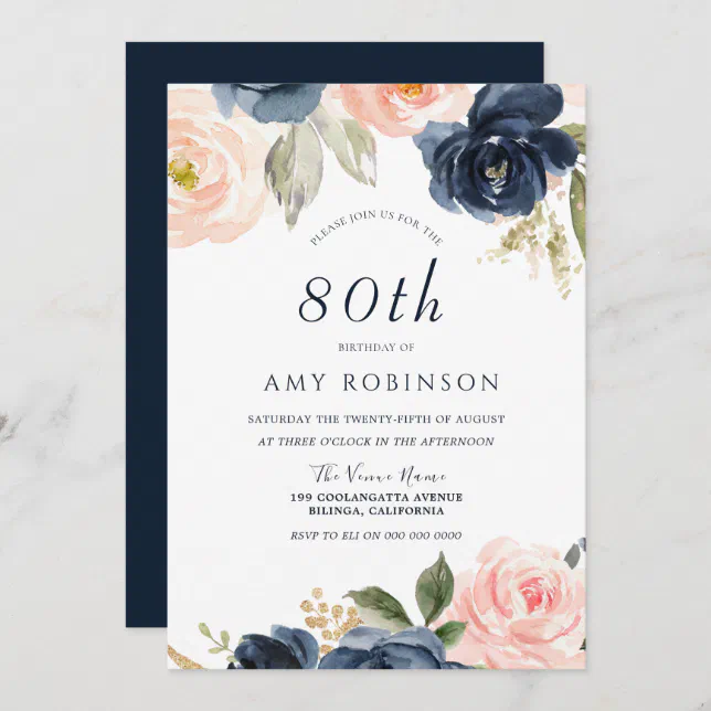 Elegant Blush & Navy Floral 80th Birthday Party Invitation | Zazzle