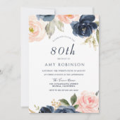 Elegant Blush & Navy Floral 80th Birthday Party Invitation (Front)