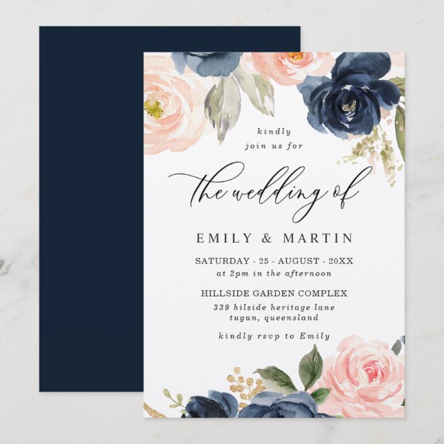 Elegant Blush & Navy Floral Shimmer Wedding Invitation (Front/Back)
