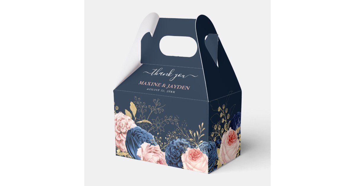 Elegant Blush & Navy Floral Wedding Thank You Favor Boxes | Zazzle
