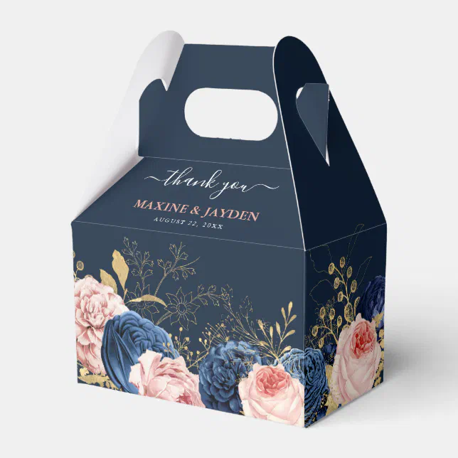 Elegant Blush & Navy Floral Wedding Thank You Favor Boxes | Zazzle