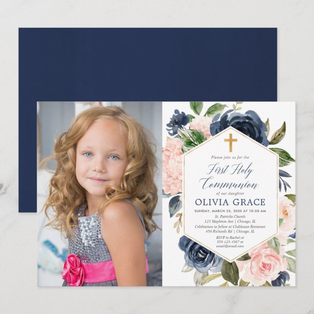 Elegant blush navy girl first holy communion photo invitation (Front/Back)