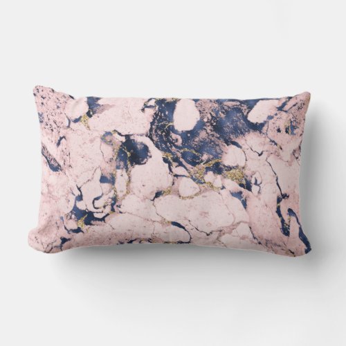 Elegant Blush Navy Gold Marble Lumbar Pillow