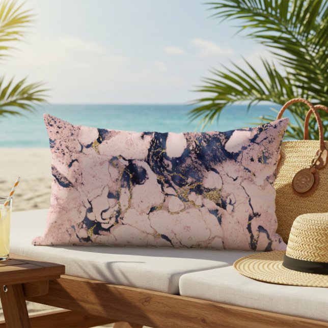 Elegant Blush Navy Gold Marble Lumbar Pillow (Creator Uploaded)