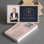 Elegant Blush & Navy Professional Real Estate  Business Card<br><div class="desc">Modern, elegant and professional real estate agent business card with a photo placeholder that reflects your personality and make a great first impression. Design features your name in bold handwritten lettering, logo and title in block lettering on a navy & blush background. Personalize further with your contact details, qr code...</div>