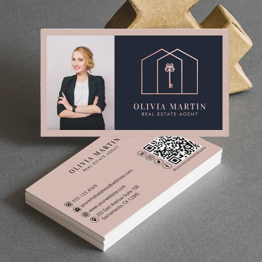 Customizable Elegant Blush &amp; Navy Professional Real Estate  Business Card