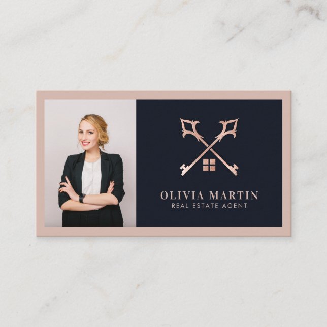 Elegant Blush & Navy Professional Real Estate Logo Business Card (Front)