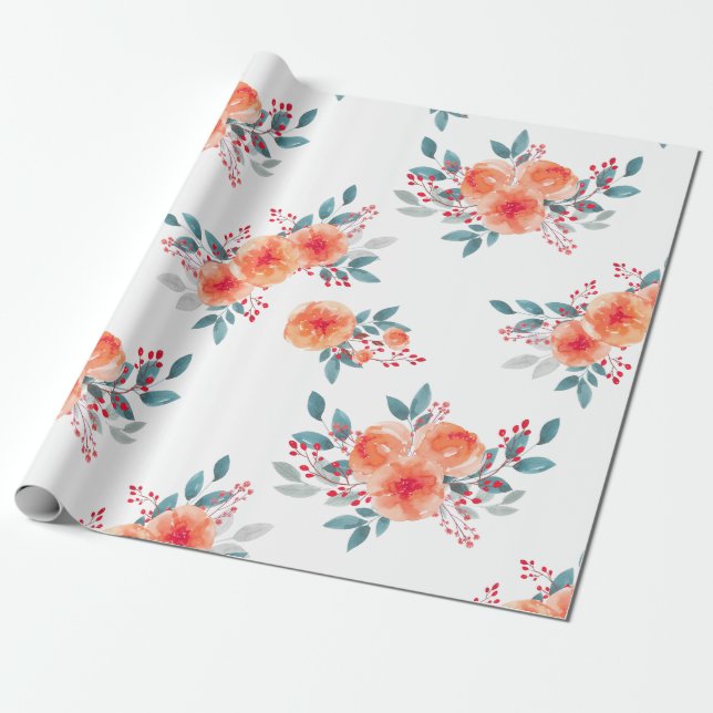 Elegant Blush Orange Floral Watercolor Wrapping Paper (Unrolled)
