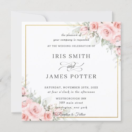 Elegant Blush Pale Pink Floral Gold Wedding Square Invitation