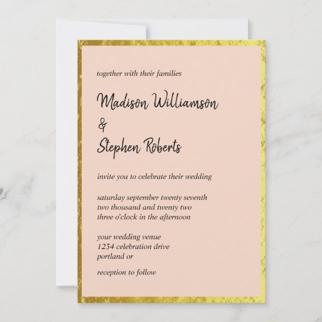 Elegant Blush Peach and Faux Gold Wedding Invitation (Front)