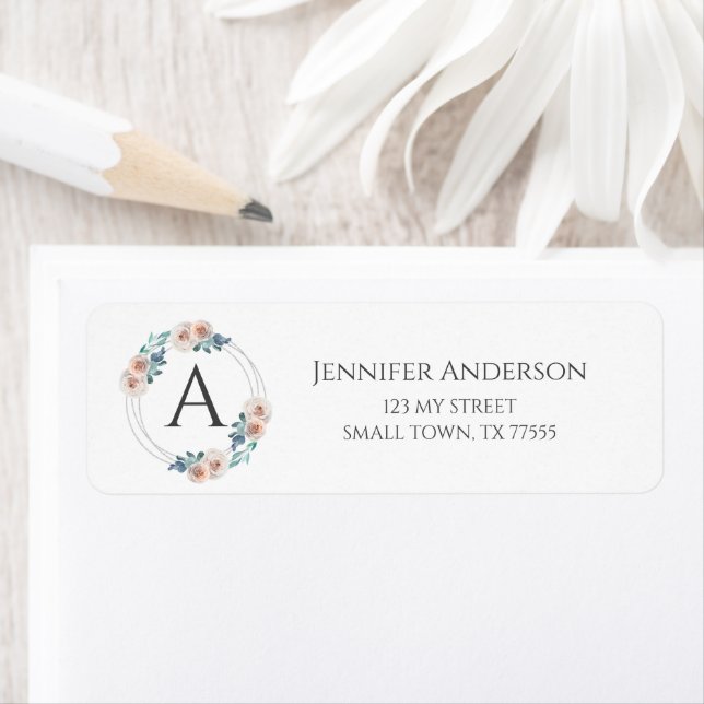 Elegant Blush Peach Blue Floral Initial Address La Label (Insitu)