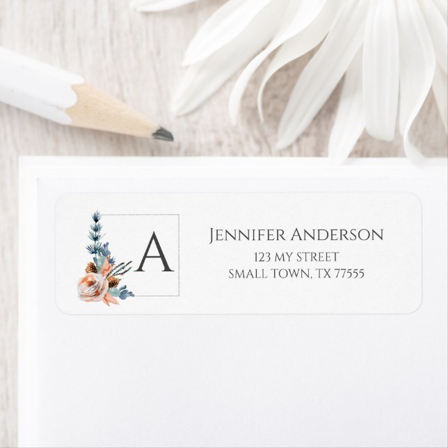 Elegant Blush Peach Blue Floral Initial Address Label (Insitu)