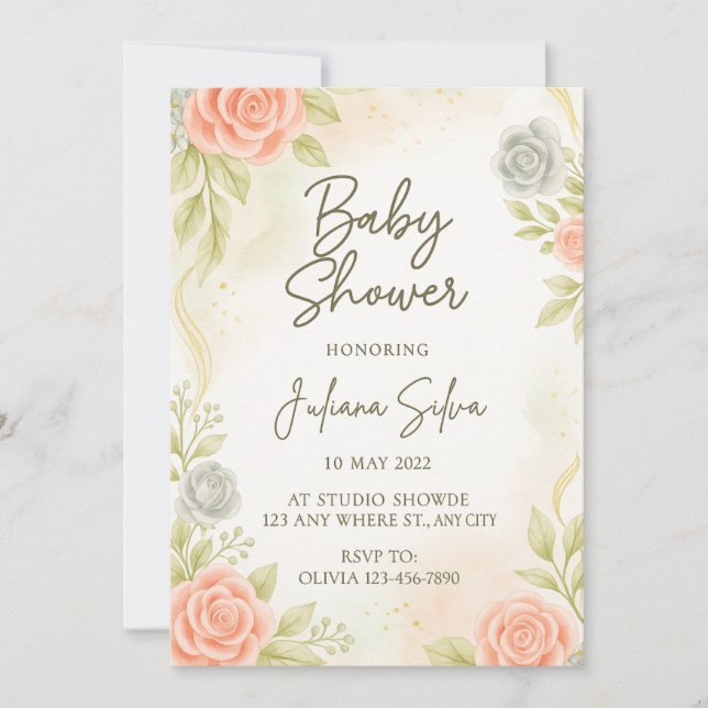 Elegant Blush Peach Floral Baby Shower Invitation  (Front)