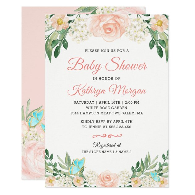Elegant Blush Peach Floral Blossom Baby Shower Invitation