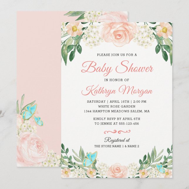 Elegant Blush Peach Floral Blossom Baby Shower Invitation (Front/Back)