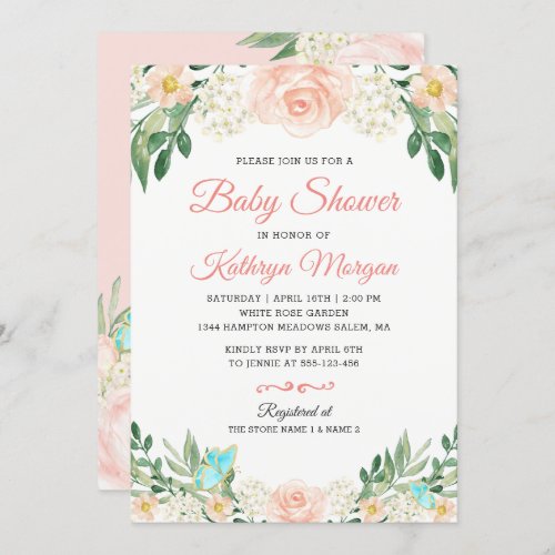 Elegant Blush Peach Floral Blossom Baby Shower Invitation