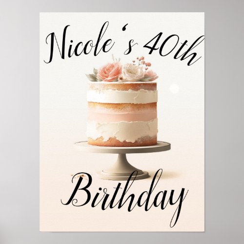 Elegant Blush Peach Floral Cake Birthday Party Poster