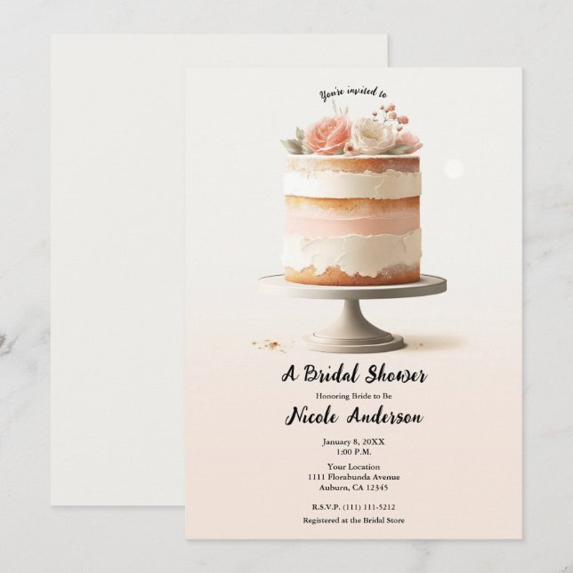 Elegant Blush Peach Floral Cake Bridal Shower  Invitation (Front/Back)