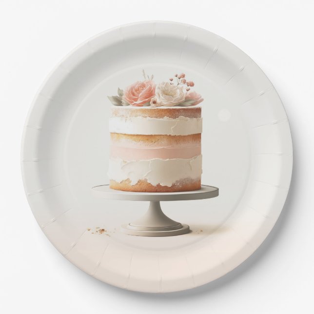 Elegant Blush Peach Floral Cake Bridal Shower  Paper Plates (Front)