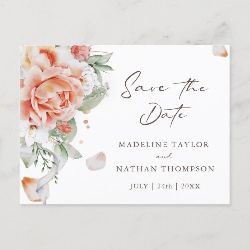 Elegant Blush Peach Floral Save the Date Postcard