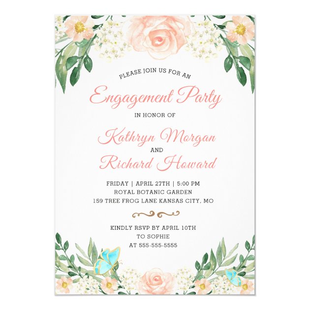 Elegant Blush Peach Floral Spring Engagement Party Invitation