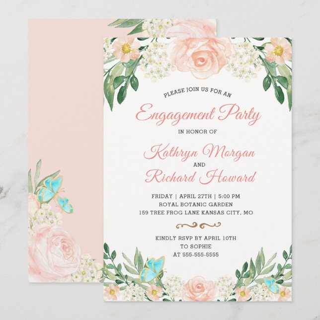 Elegant Blush Peach Floral Spring Engagement Party Invitation (Front/Back)