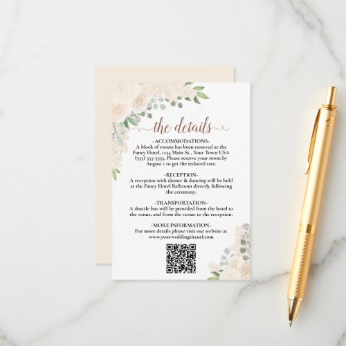 Elegant Blush Peach Floral Wedding Details QR Code Enclosure Card