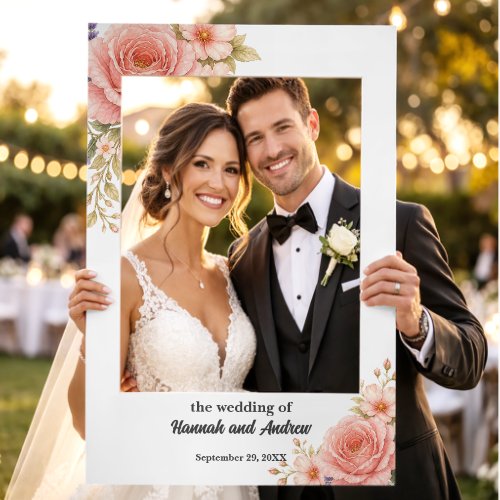 Elegant Blush Peach Floral Wedding Reception Selfie Frame