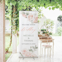 Elegant Blush Peach Floral Wedding Welcome Sign