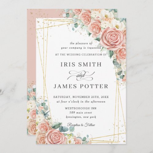 Elegant Blush Peach Ivory Floral Roses Wedding   Invitation