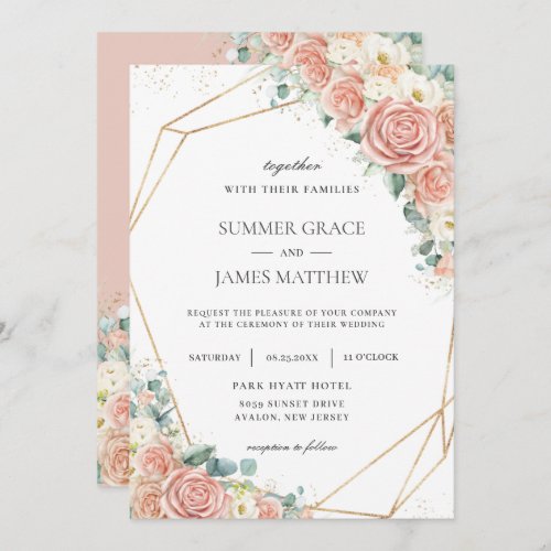 Elegant Blush Peach Ivory Floral Roses Wedding  Invitation