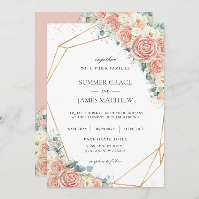 Elegant Blush Peach Ivory Floral Roses Wedding Invitation | Zazzle