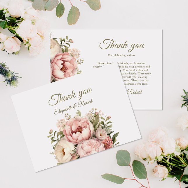 Elegant Blush & Peach Peony Thank You Card (Pale Peach and Blush Pink Floral Wedding Thank You Card on a table with pale pink flowers.)
