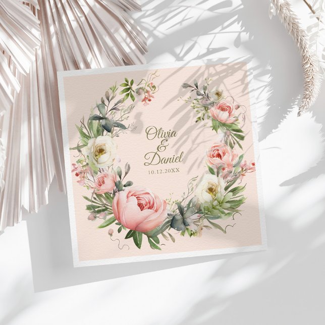 Elegant Blush & Peach Peony Wedding Napkin (Elegant Blush & Peach Peony Wedding Napkin on a sunny table with botanical decor)