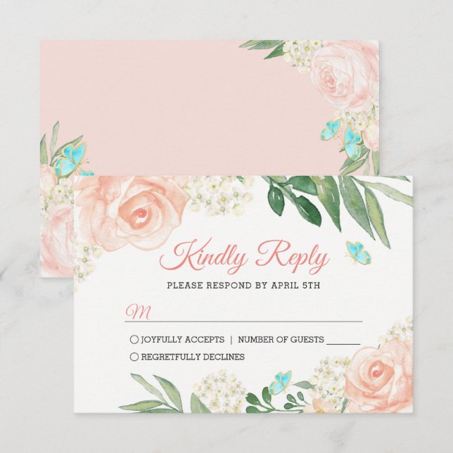 Elegant Blush Peach Watercolor Floral Wedding RSVP (Front/Back)