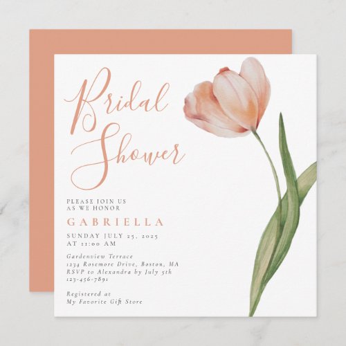 Elegant Blush Peach Watercolor Tulip Bridal Shower Invitation