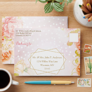 Elegant Blush Peachy Pink Geometric Rose Wedding Envelope