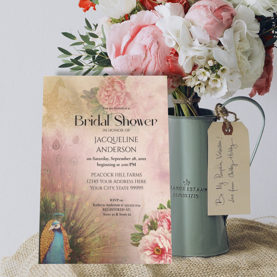 Elegant Blush Peacock Peony Flowers Bridal Shower Invitation