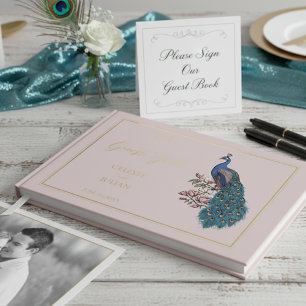 Elegant Blush Peacock Photo Wedding Guest Book