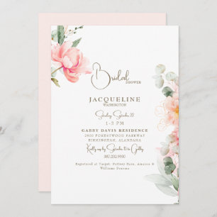 Elegant Blush Peonies Gold Text Bridal Shower Invitation