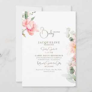 Elegant Blush Peonies Gold Text Girl Baby Shower Invitation