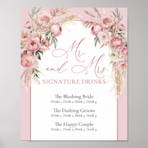 Elegant blush peonies pampas boho arch Signature Poster