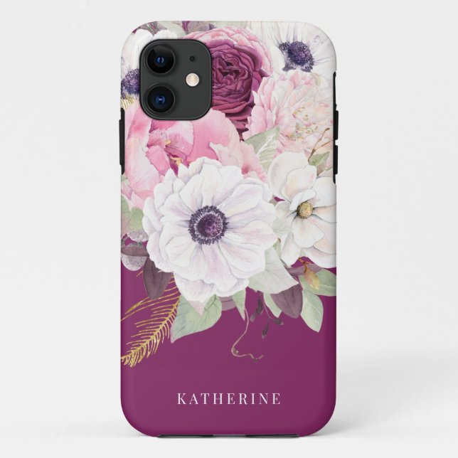 Elegant Blush Peony Burgundy Floral Monogram Case-Mate iPhone Case (Back)