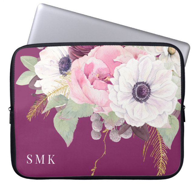 Elegant Blush Peony Eucalyptus Floral Monogram Laptop Sleeve (Front)