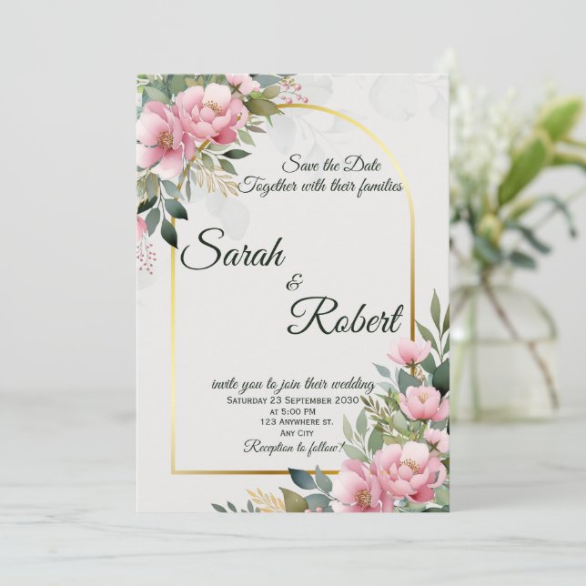 Elegant Blush Peony Floral Save The Date Card (Standing Front)