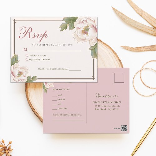 Elegant Blush Peony Rose Floral Wedding RSVP  Postcard