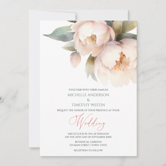 Elegant Blush Peony Watercolor Floral Announcement (Front)