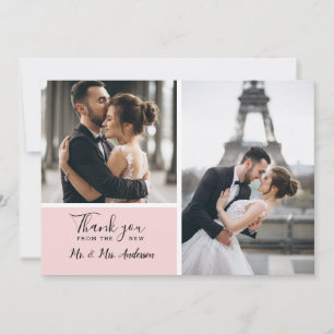 Elegant Blush Pink 2 Photo Collage Wedding Thank You Card